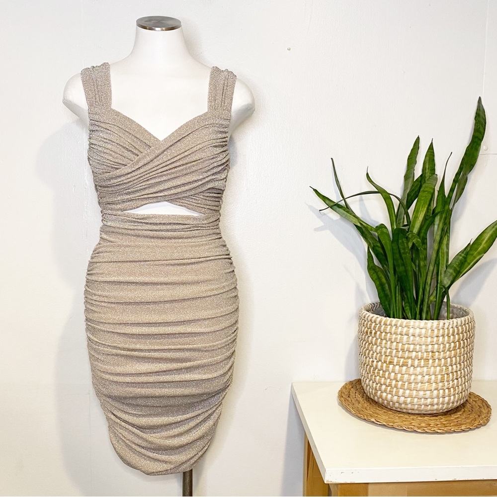 Rent The Runway | Twist Front Cut-Out Ruched‎ Bodcon Metallic Shimmer Dress